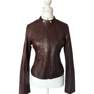 Y2K “Esprit” Brown/Burgundy Leather Bomber Biker Style Zip-up Jacket